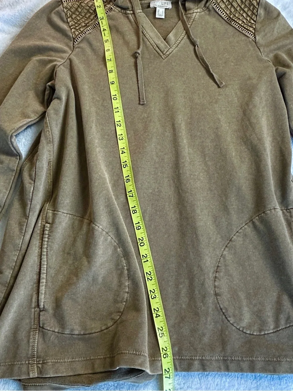Logo Life Lori Goldstein Olive/Brown Hooded V-Neck Long Sleeve Top